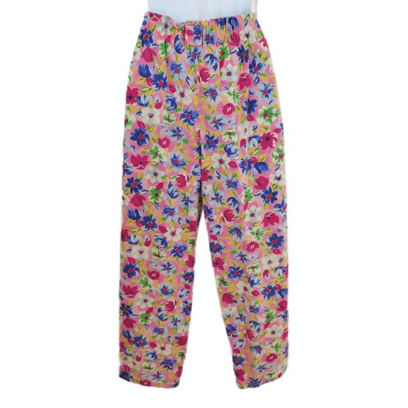 Vintage Pink Floral Pull On Pants Girly Retro Elastic Waist Cotton High Rise - Picture 3 of 8